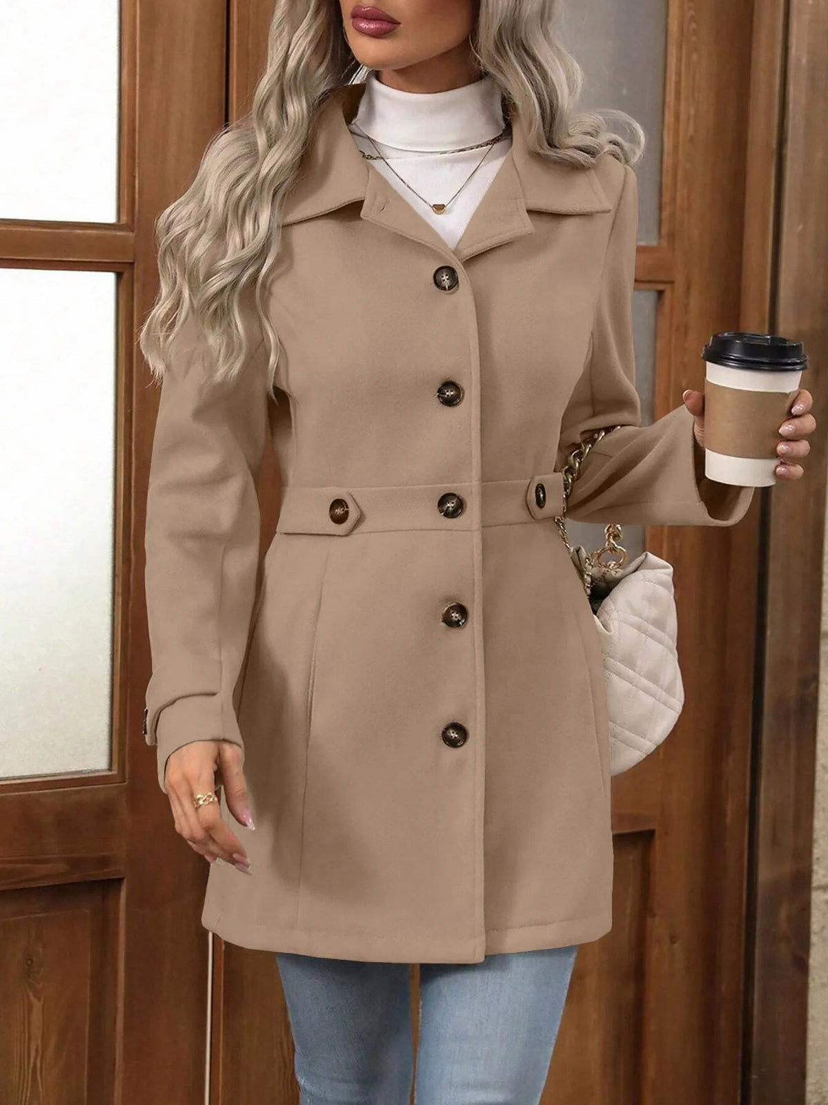 Button Front Long Sleeve Coat