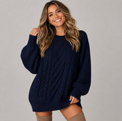 Cable Knit Crewneck Oversized Balloon Sleeve Mini Sweater Dress