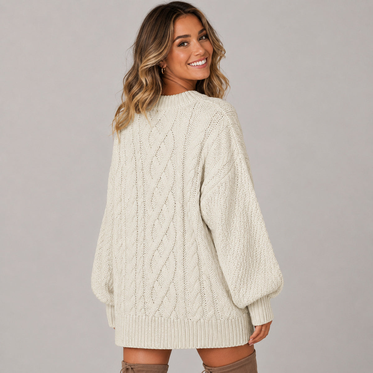 Cable Knit Crewneck Oversized Balloon Sleeve Mini Sweater Dress