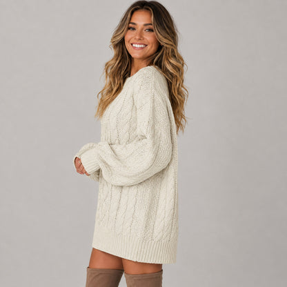 Cable Knit Crewneck Oversized Balloon Sleeve Mini Sweater Dress