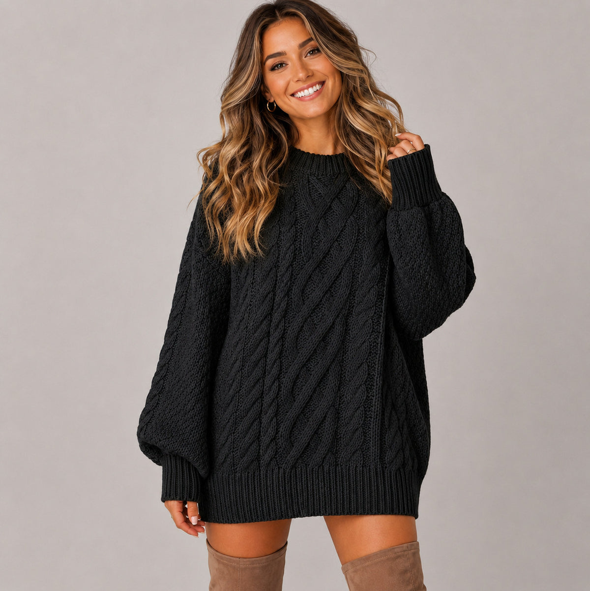 Cable Knit Crewneck Oversized Balloon Sleeve Mini Sweater Dress