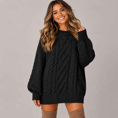 Cable Knit Crewneck Oversized Balloon Sleeve Mini Sweater Dress