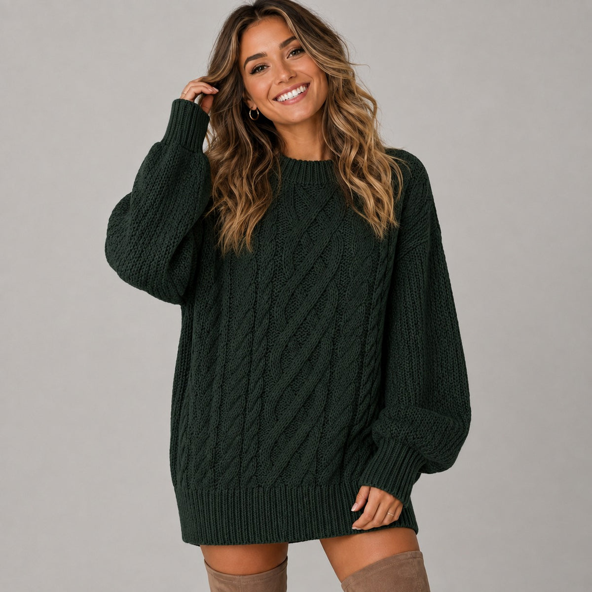 Cable Knit Crewneck Oversized Balloon Sleeve Mini Sweater Dress