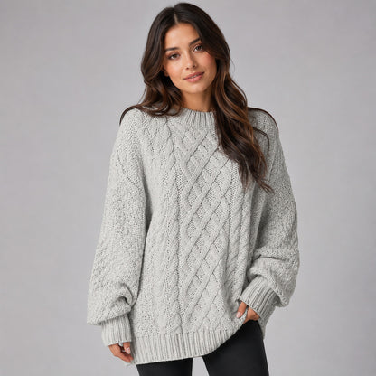 Cable Knit Crewneck Oversized Balloon Sleeve Mini Sweater Dress