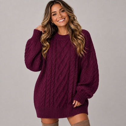 Cable Knit Crewneck Oversized Balloon Sleeve Mini Sweater Dress