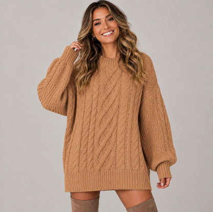 Cable Knit Crewneck Oversized Balloon Sleeve Mini Sweater Dress