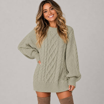 Cable Knit Crewneck Oversized Balloon Sleeve Mini Sweater Dress