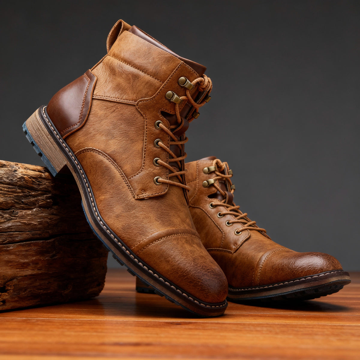 Leather Cap Toe Combat Boots