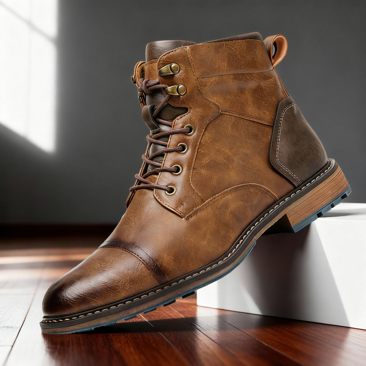 Leather Cap Toe Combat Boots