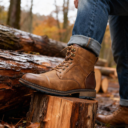 Leather Cap Toe Combat Boots