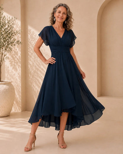 Chiffon Cap Sleeve High Low Maxi Dress