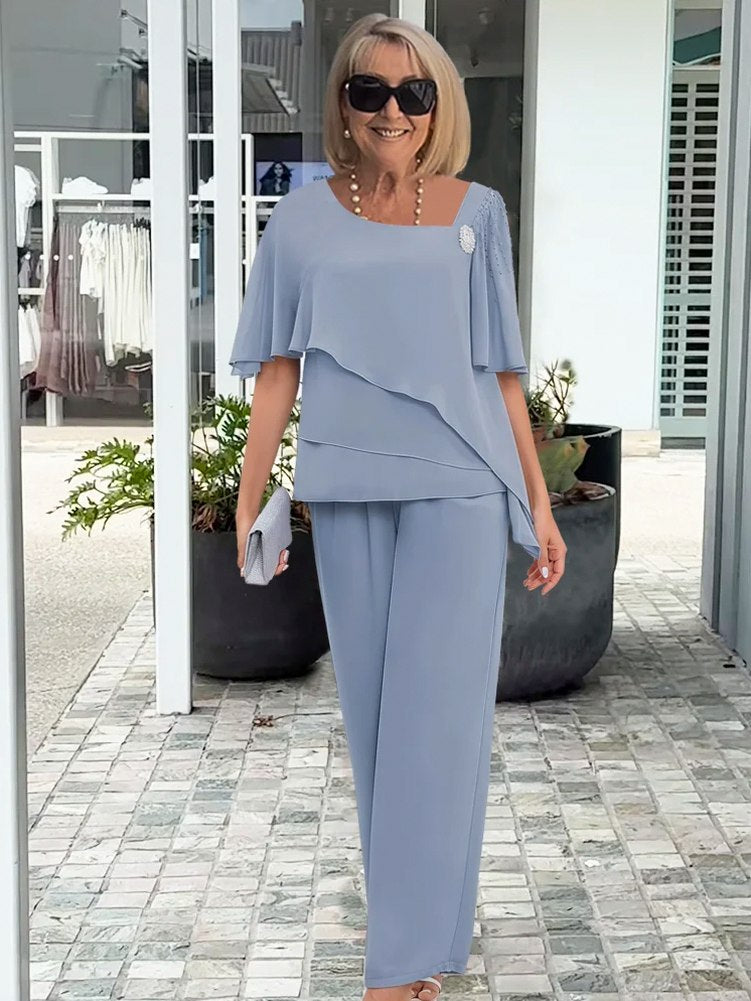 Chiffon Capelet Asymmetrical Pant Set