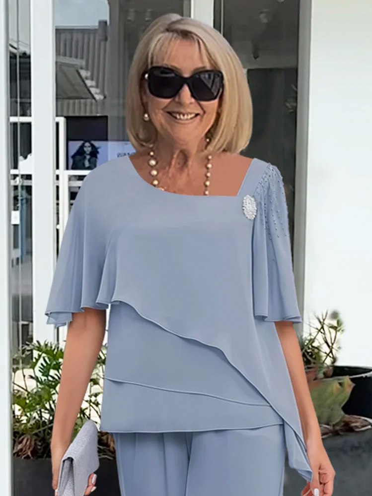 Chiffon Capelet Asymmetrical Pant Set