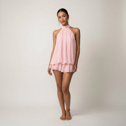 Chiffon Halter Tiered Mini Dress