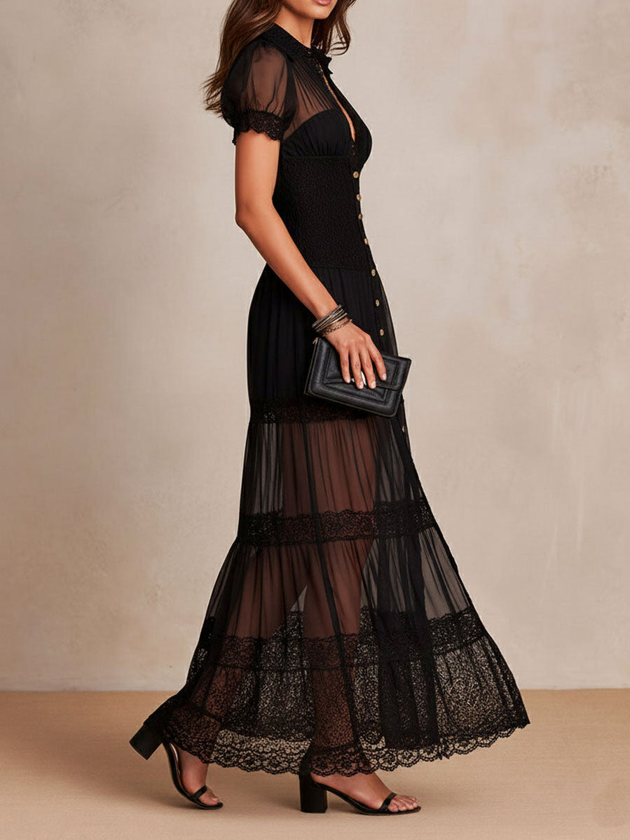 Chiffon Lace Puff Sleeve Maxi Dress