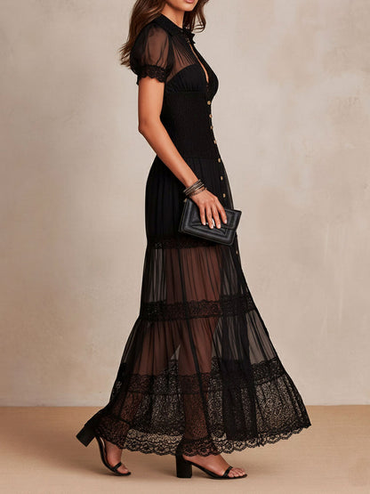 Chiffon Lace Puff Sleeve Maxi Dress