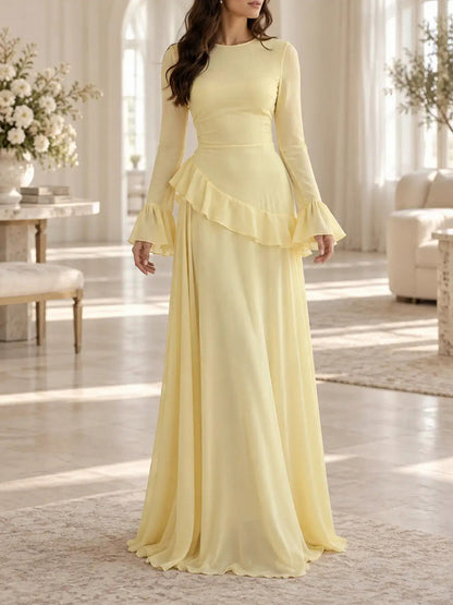 Chiffon Long Sleeve Ruffle Asymmetric Modest Maxi Dress