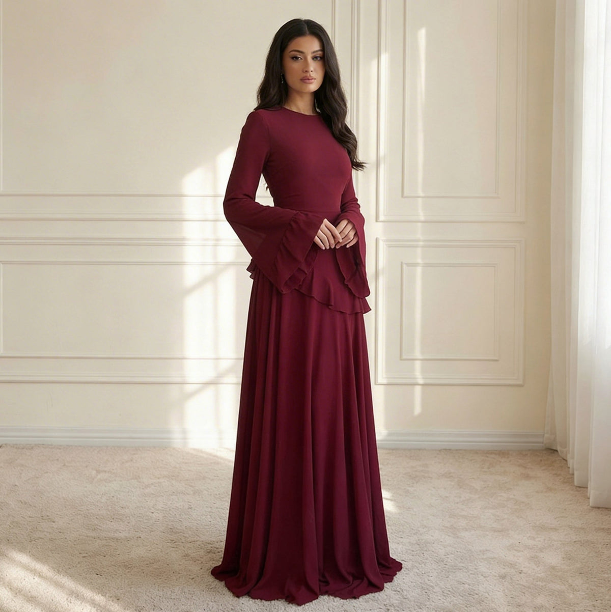 Chiffon Long Sleeve Ruffle Asymmetric Modest Maxi Dress