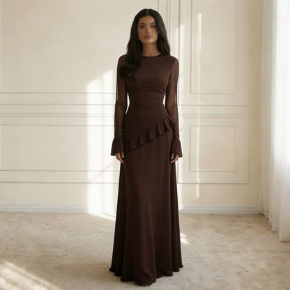 Chiffon Long Sleeve Ruffle Asymmetric Modest Maxi Dress