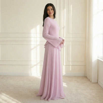 Chiffon Long Sleeve Ruffle Asymmetric Modest Maxi Dress