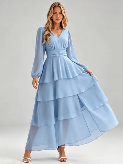 Chiffon Long Sleeve Tiered Maxi Dress