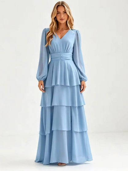 Chiffon Long Sleeve Tiered Maxi Dress