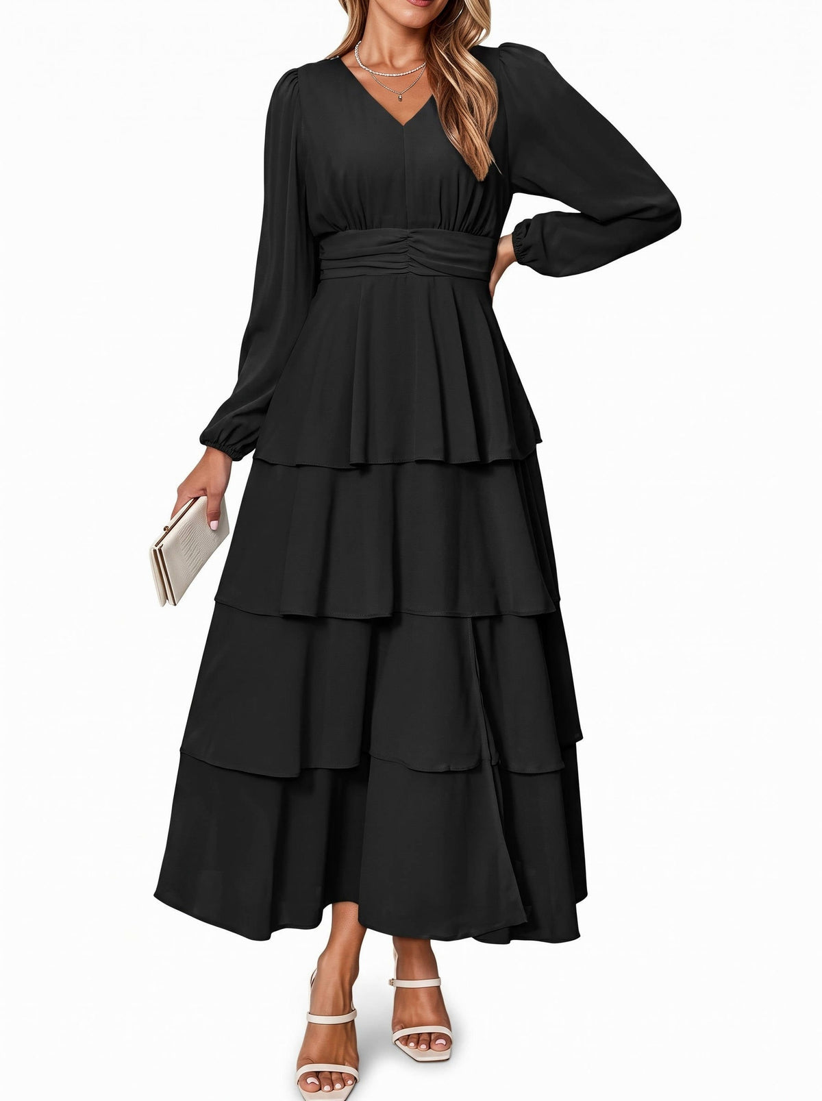 Chiffon Long Sleeve Tiered Maxi Dress