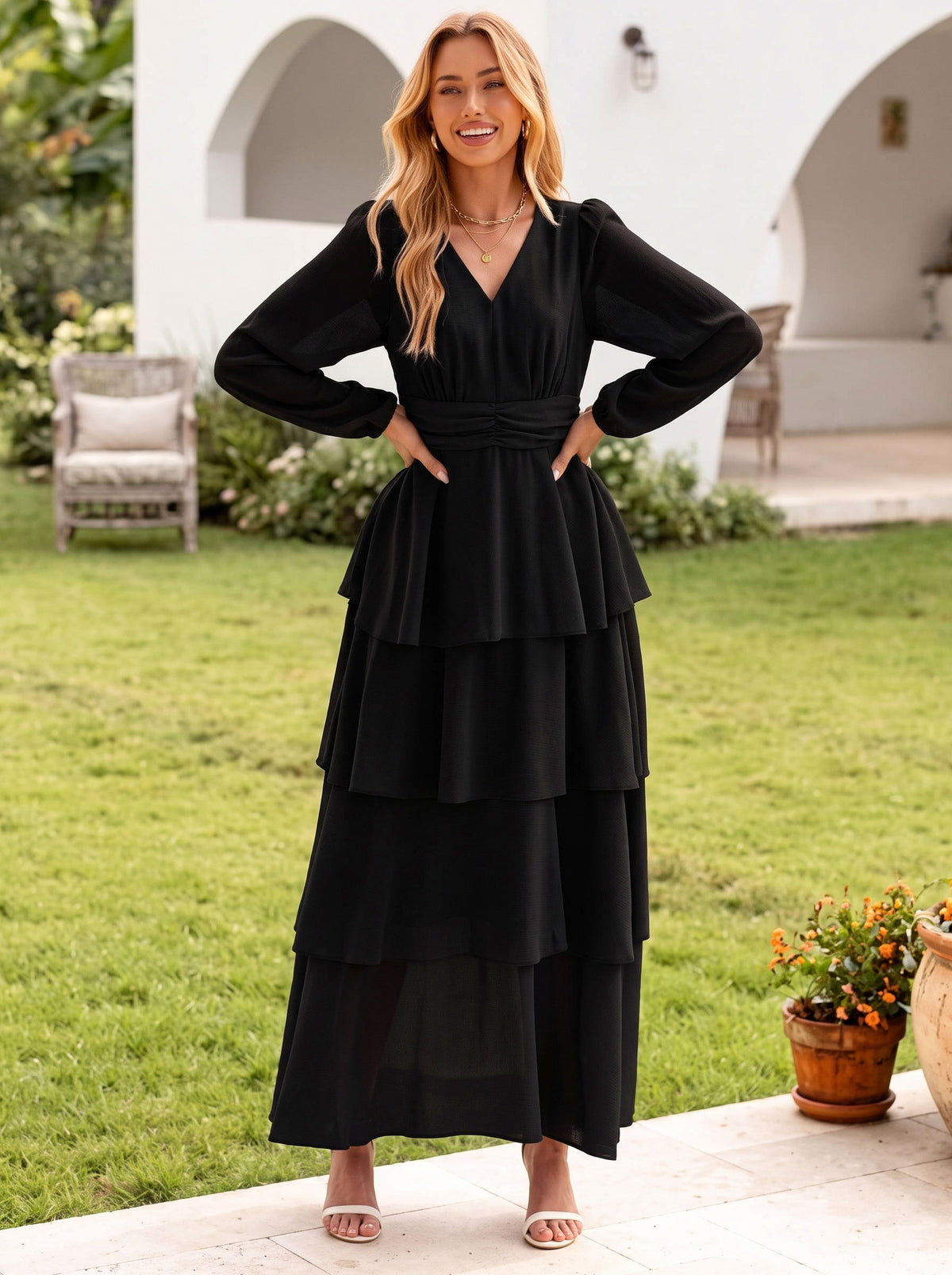Chiffon Long Sleeve Tiered Maxi Dress