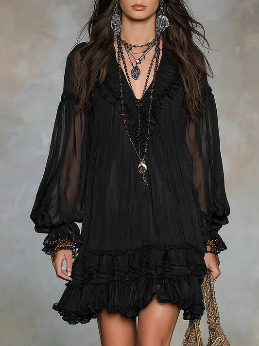 Chiffon Long Sleeve Tiered Mini Dress