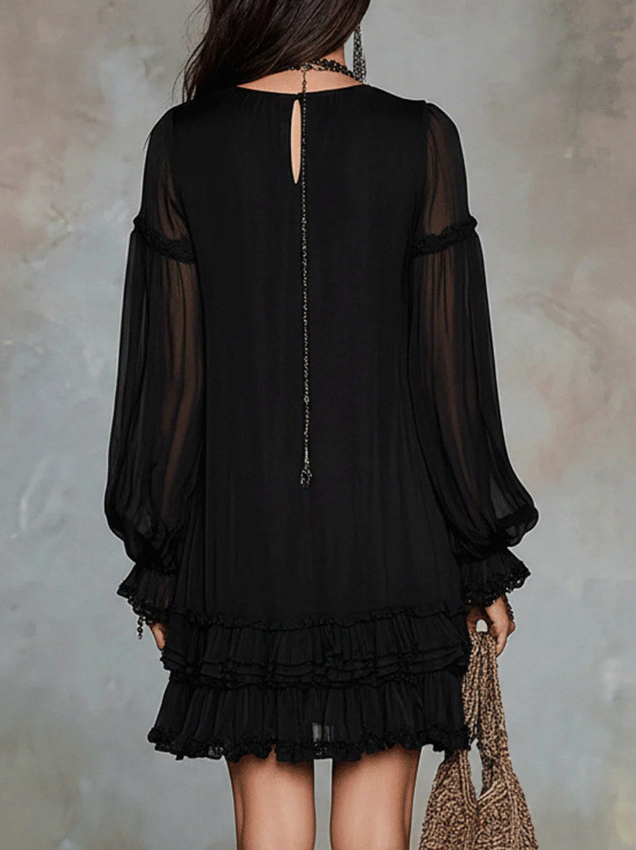 Chiffon Long Sleeve Tiered Mini Dress