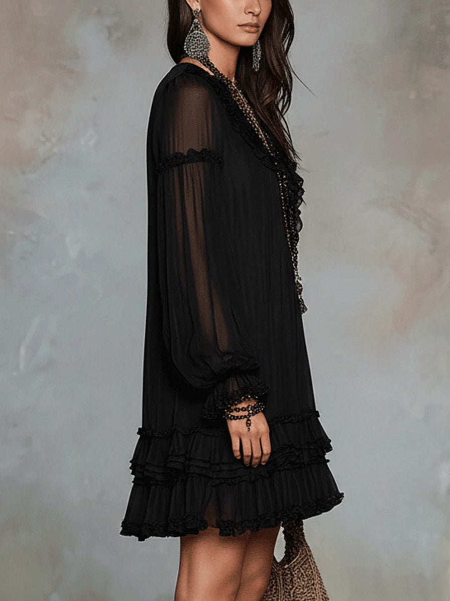 Chiffon Long Sleeve Tiered Mini Dress