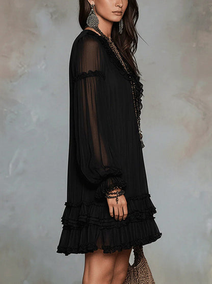 Chiffon Long Sleeve Tiered Mini Dress