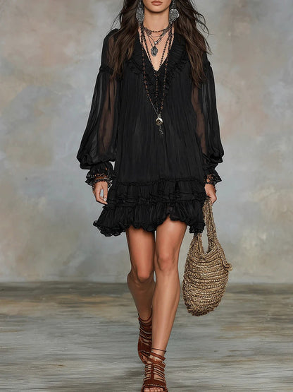 Chiffon Long Sleeve Tiered Mini Dress