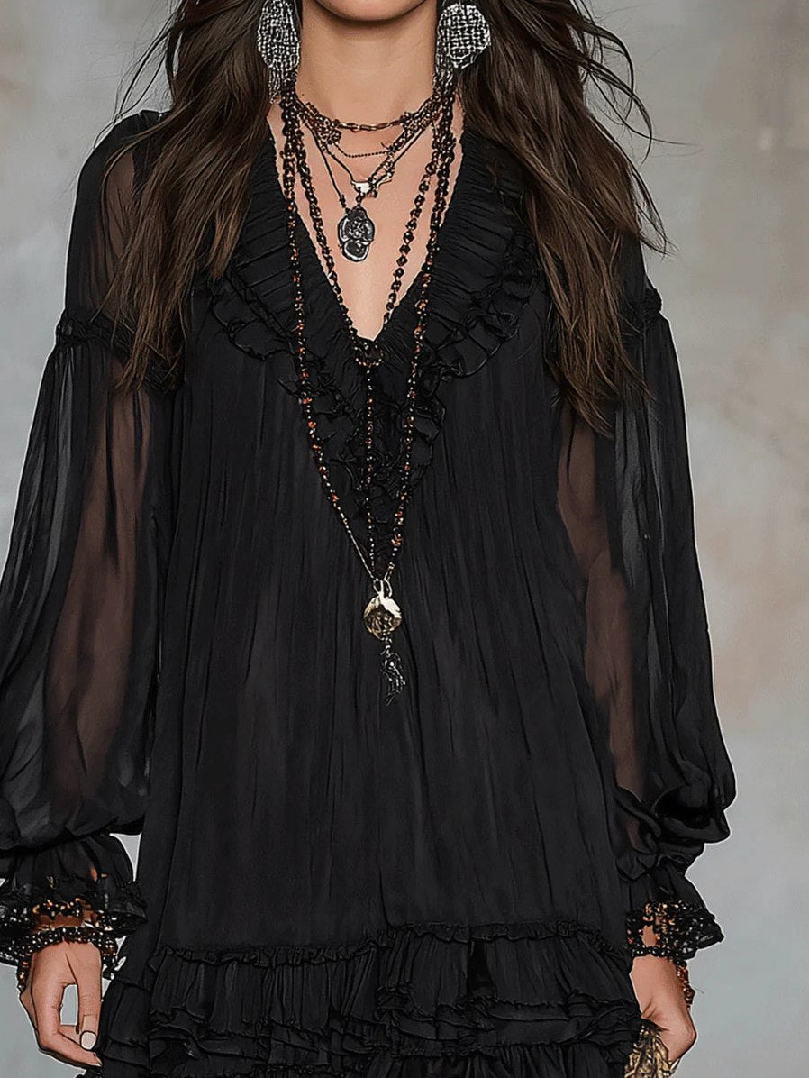 Chiffon Long Sleeve Tiered Mini Dress