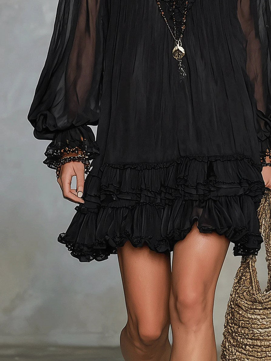 Chiffon Long Sleeve Tiered Mini Dress
