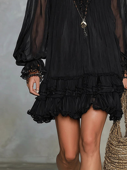 Chiffon Long Sleeve Tiered Mini Dress