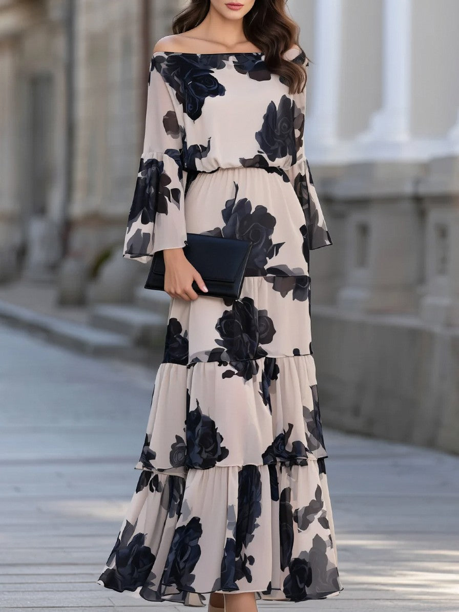 Chiffon Long Bell Sleeve Off Shoulder Maxi Dress