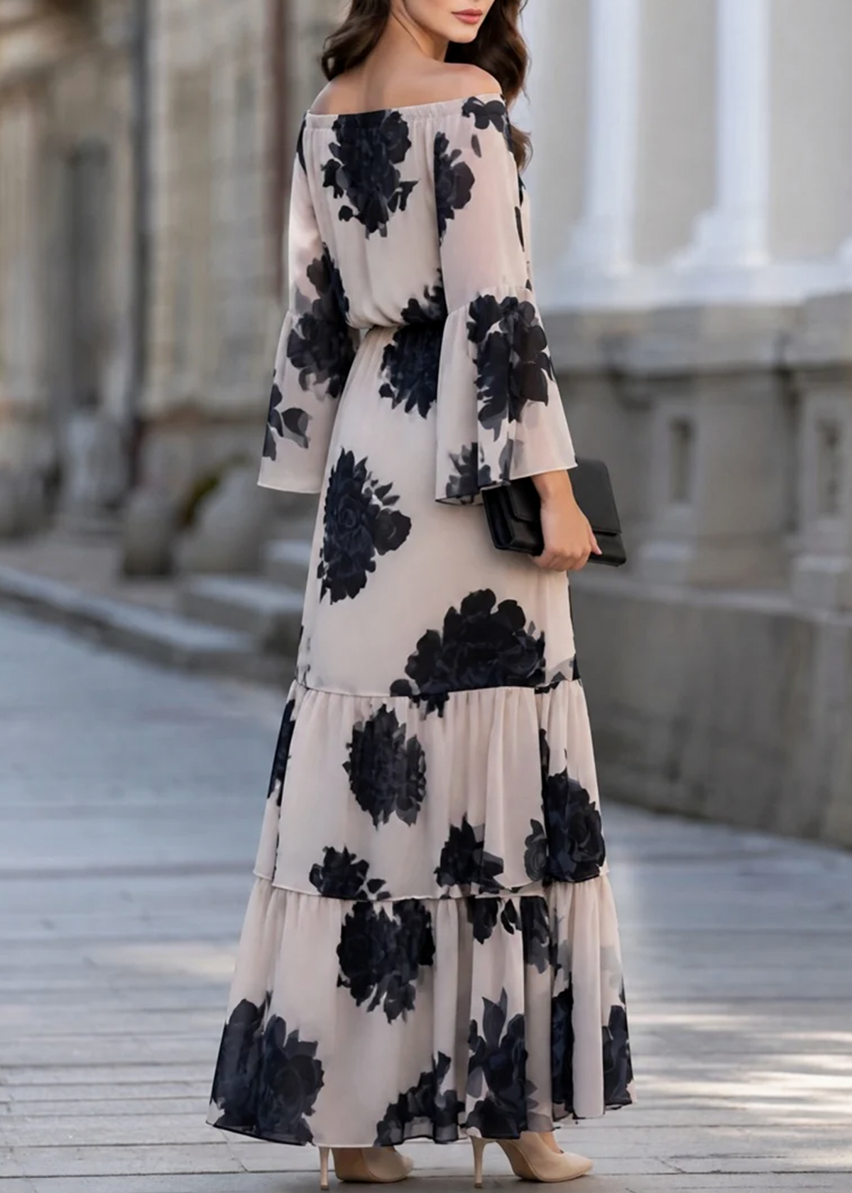 Chiffon Long Bell Sleeve Off Shoulder Maxi Dress