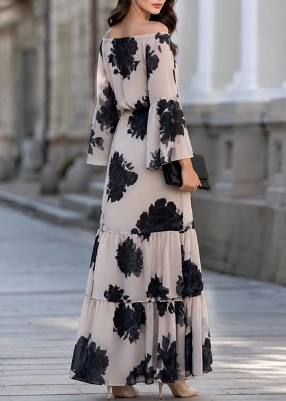 Chiffon Long Bell Sleeve Off Shoulder Maxi Dress