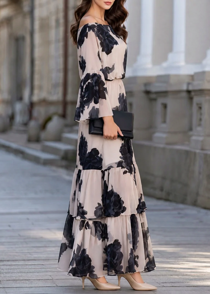 Chiffon Long Bell Sleeve Off Shoulder Maxi Dress