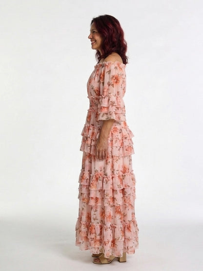 Chiffon Off Shoulder Tiered Maxi Dress