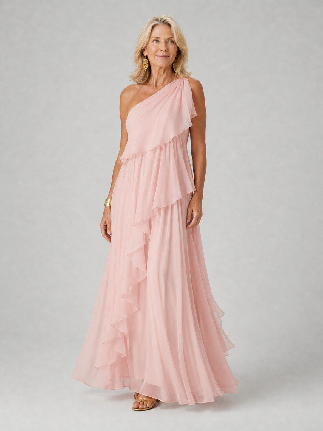 Chiffon One Shoulder Tiered Maxi Dress