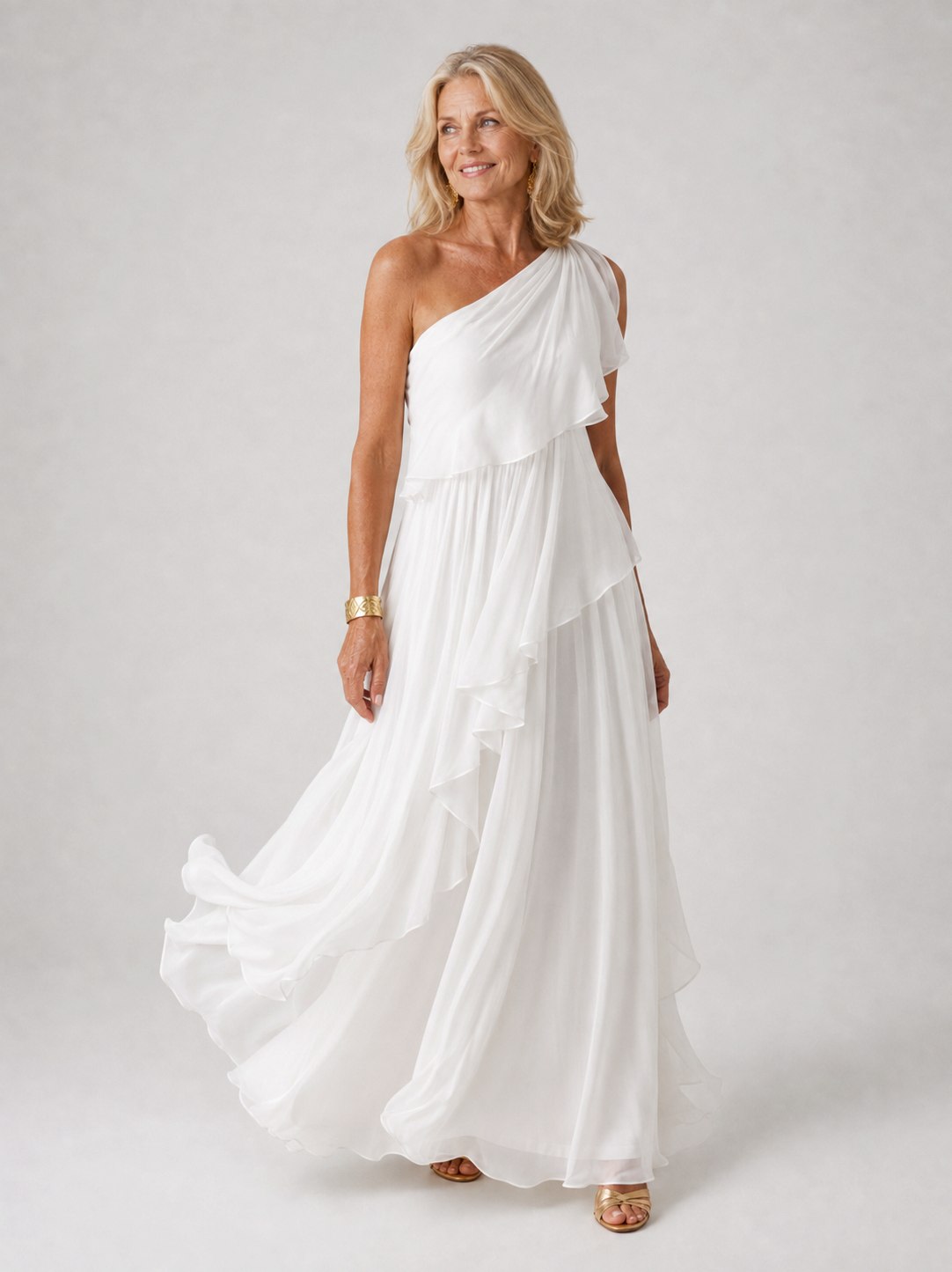 Chiffon One Shoulder Tiered Maxi Dress
