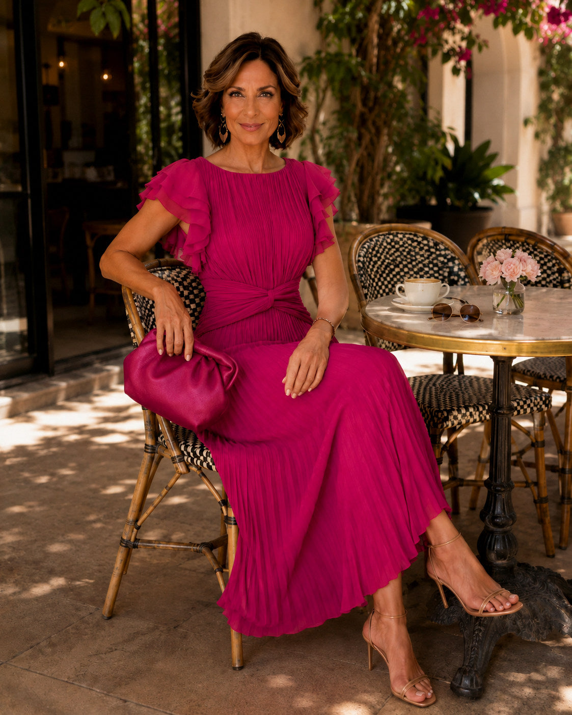 Chiffon Pleated Ruffle Sleeve Maxi Dress