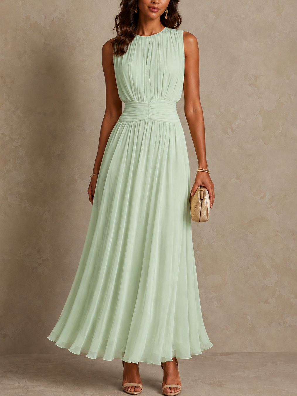 Chiffon Pleated Sleeveless Maxi Dress