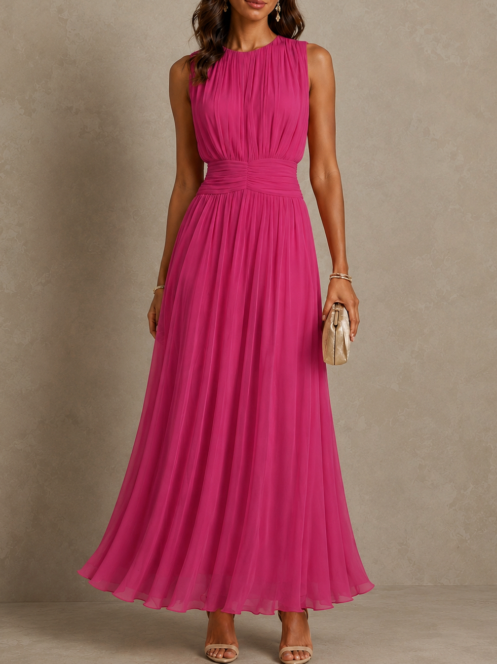Chiffon Pleated Sleeveless Maxi Dress