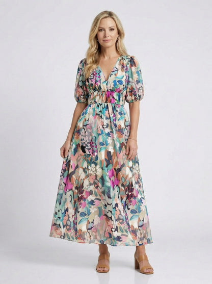 Chiffon Puff Sleeve Floral Maxi Dress