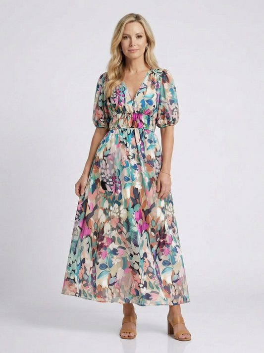 Chiffon Puff Sleeve Floral Maxi Dress