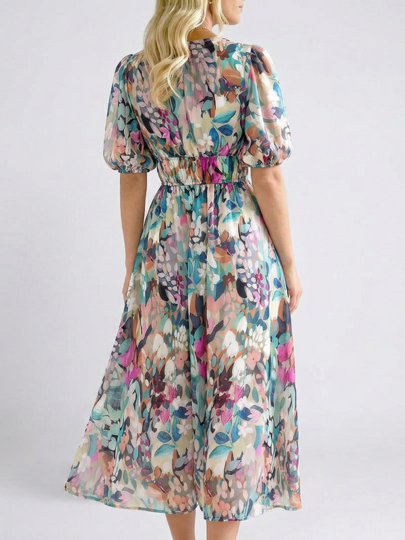 Chiffon Puff Sleeve Floral Maxi Dress