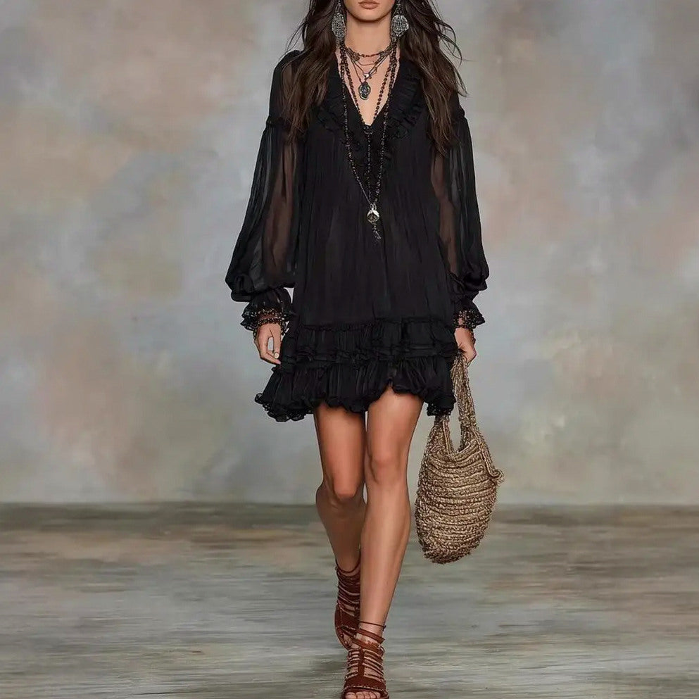 Chiffon Long Puff Sleeve Mini Dress